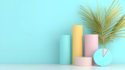 Poster - Visually engaging 3D composition of pastel toned data charts including soft bar graphs and pie diagrams