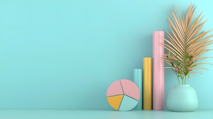 Poster - Meticulously crafted 3D infographic display with pastel bar graphs smooth pie charts and elegant line plots set against a stylish office desk backdrop with a modern aesthetic