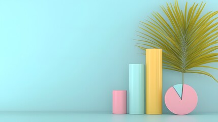Poster - Minimalist and Futuristic Data Visualization Setup Featuring Pastel Colored 3D Bar and Pie Charts Floating on an Elegant Office Desk with Precision Lighting and Depth