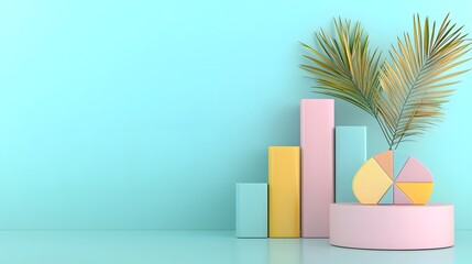 Poster - Sophisticated pastel themed 3D data presentation with dynamic bar charts pie graphs and financial trends artfully placed on a contemporary office desk with natural lighting and soft shadowing