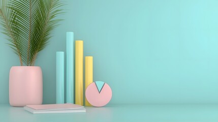 Fototapete - Sophisticated pastel themed 3D data presentation with dynamic bar charts pie graphs and financial trends artfully placed on a contemporary office desk with natural lighting and soft shadowing