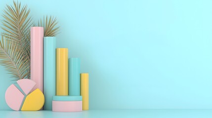 Leinwandbilder - Captivating 3D infographic arrangement showcasing pastel shaded bar graphs pie charts and other data visualization elements set in a well organized modern office desk environment with soft