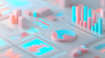 Fototapete - Sleek Futuristic 3D Financial Data Interface with Vibrant Floating Visualizations Representing Business Analytics and Trends with Soft Neon Lighting