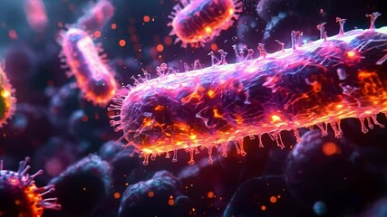 Poster - Colorful depiction of bacteria under microscopic view in a dark environment with glowing details