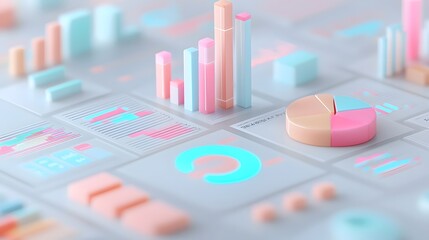 Fototapete - Detailed 3D Rendering of a Modern Financial Data Analytics Visualization Scene Featuring Layered Graphs Glowing Pie Charts