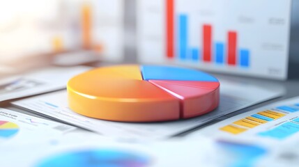 Fototapete - 3D rendered pie chart with glossy vibrant segments positioned on an office desk filled with printed statistical reports bar graphs and trend analysis charts
