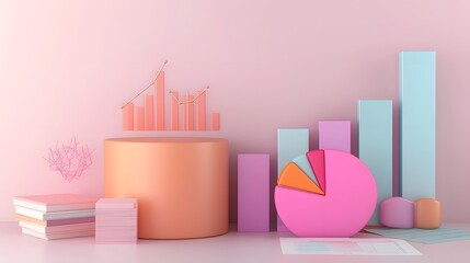 Fototapete - Visually appealing 3D data visualization featuring a polished colorful pie chart on a workspace filled with statistical documents financial graphs and corporate reports set in a well lit