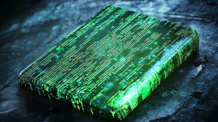 Glowing code book on dark surface; digital data, futuristic tech, programming concept