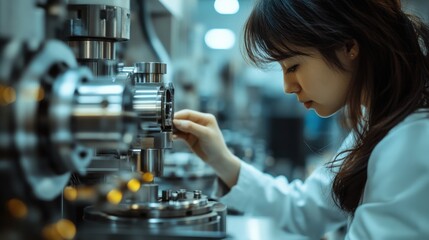 Poster - A woman is focused on adjusting intricate machinery in a busy workshop, showcasing her expertise and attention to detail while surrounded by advanced technology and tools