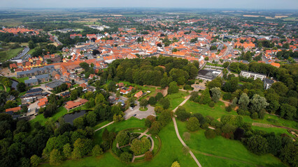 An aerial wide view of the old town of the city Varde on a sunny summer day in Denmark