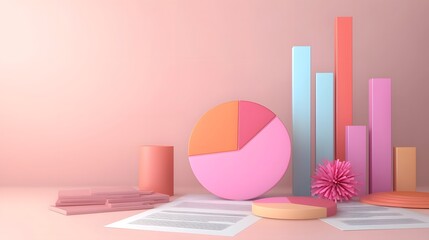 Fototapete - A dynamic corporate finance concept with a 3D pie chart as the centerpiece surrounded by various market analysis documents data driven charts and printed spreadsheets