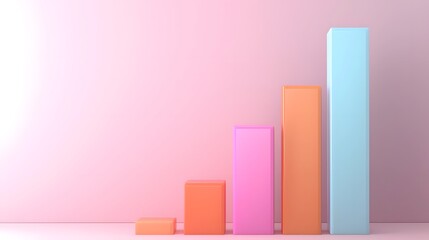 Poster - Ascending 3D Bar Graph with Glossy Multicolored Iridescent Finish Floating in a Digital Space Symbolizing Success Performance Improvement and Cutting Edge Analytics