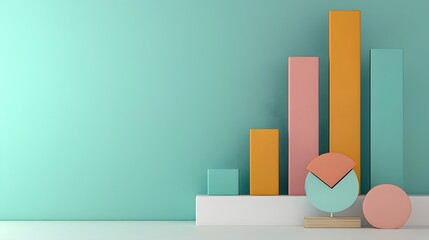 Poster - A modern conceptual 3D business chart with iridescent bar elements dynamically increasing in height set against a soft gradient background with glowing futuristic lighting effects