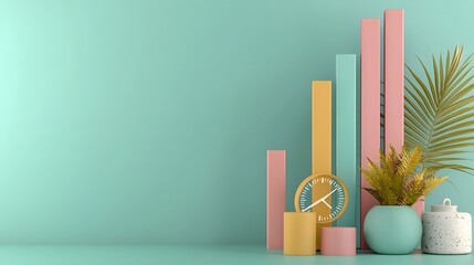 Poster - Dynamic 3D Business Chart with Iridescent Bar Elements Increasing in Height Against a Soft Gradient Background with Glowing Futuristic Lighting Effects