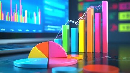 Fototapete - Sleek and modern 3D data analytics composition featuring delicate pastel colored infographic elements including segmented pie charts ascending bar graphs and smooth trend lines