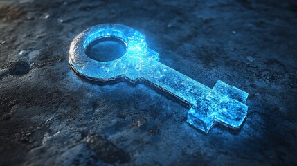 Glowing blue key on dark surface, security concept