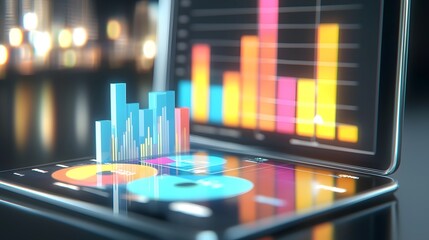 Aufkleber - High Tech Business Data Analytics and Visualization Concept featuring a digital tablet with interactive 3D data visualizations colorful charts