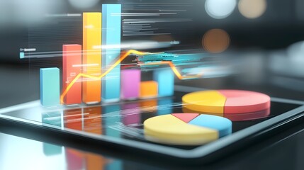 Fototapete - Contemporary business intelligence concept showcasing a sleek tablet display with colorful 3D charts floating bar graphs and analytical pie diagrams on a polished reflective workspace surface