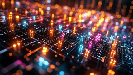 Poster - abstract representation of digital circuitry illuminated by vibrant lights at night