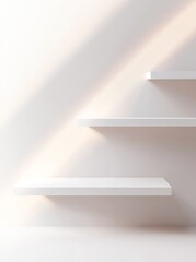 Aufkleber - Three minimalist white shelves on a white wall with sunlight.