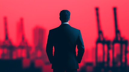 Wall Mural - A silhouetted figure stands against a vibrant red background featuring cranes, symbolizing industry and ambition.