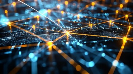 Poster - Abstract representation of a digital network with glowing blue and orange connections at night