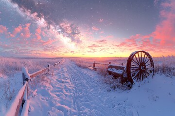 A panoramic view of a winter landscape bathed in the colors of sunrise, overlaid with a night sky