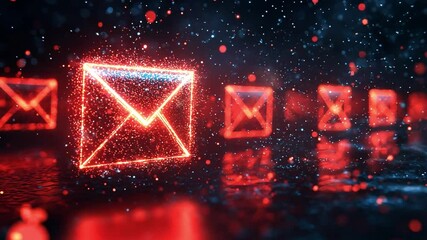 Poster - Vibrant red digital envelopes glowing in a cyber space filled with shimmering particles at night