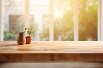 Poster - Empty wooden table with plant and vase by the window in bright sunlight, perfect for product placement