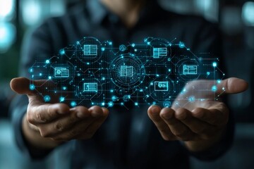 Poster - A person's hand gestures towards AI to command a search for business data, produce photographs, function in a factory setting rather than humans, or act as a customer service chatbot and