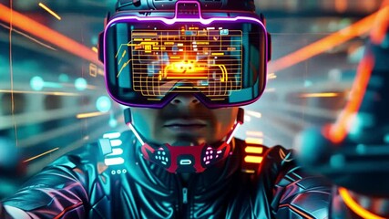 Poster - A person explores virtual reality technology in a vibrant digital environment during a tech event