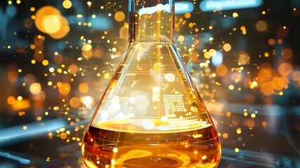 Poster - Golden liquid in a laboratory flask glows with sparks during a chemical experiment at dusk