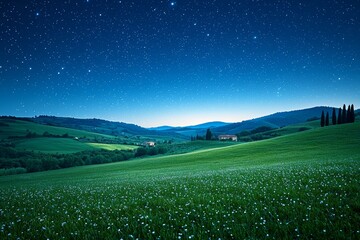 Wall Mural - the magical night sky in tuscany, adorned with star trails and framed by cypress trees, reveals a gl