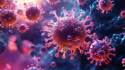 Poster - Colorful depiction of virus particles under a microscope highlighting their structure and complexity