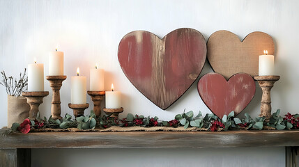 Wall Mural - Rustic Valentine Day wall art featuring wooden heart-shaped decor, a burlap garland and candles on a shelf