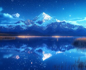 Wall Mural - Beneath the shimmering stars, a mountain lake rests peacefully at night