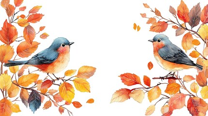 Wall Mural - cute water color animal wildlife spring seasonal whimsical Beautiful watercolor birds perched among autumn leaves, showcasing vibrant colors and serene nature in a charming design.