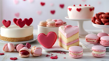 Wall Mural - Valentine Day dessert table with heart-shaped cakes, macarons and pink and red-themed decorations