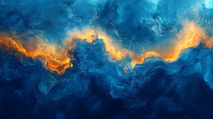 Poster - Abstract cosmic landscape of vibrant gold and deep blue fluid textures that appear like ocean waves