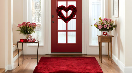 Wall Mural - Valentine Day entryway decor with a red rug, a heart wreath on the door and a small table with flowers