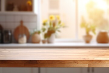 Poster - Wooden table in a sunlit kitchen with sunflowers providing a perfect backdrop for product placement
