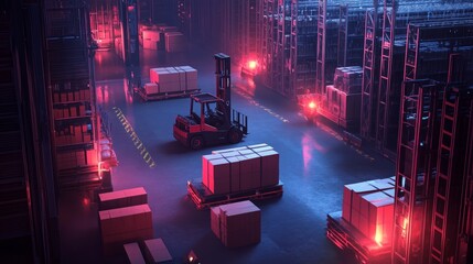 Poster - A digitalized warehouse environment with automated forklifts moving cardboard boxes, all enhanced with holographic logistics tracking.