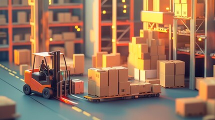 Poster - A digitalized warehouse environment with automated forklifts moving cardboard boxes, all enhanced with holographic logistics tracking.