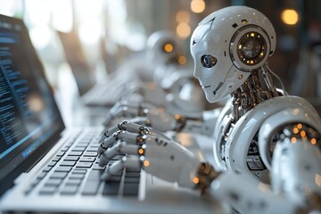 Poster - in a blue-toned scene, a chat bot and robo advisor work with stock information, highlighted by a rob