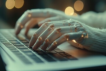 Poster - robot's finger indicates the laptop button. chat bot, stock, robo advisor, robotic concept