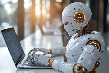Poster - the robot points its finger to the laptop button. chat bot, stock, robo advisor, robotic concept