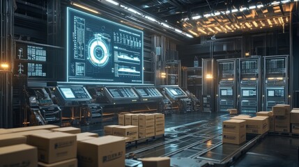 Poster - A futuristic logistics hub featuring cardboard shipping boxes, digital control panels, and real-time monitoring screens for warehouse automation.