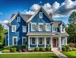 © Manatsavee - Elegant Blue Vinyl Siding Home with Double Gable Roof, White Corbels & Metal Roof