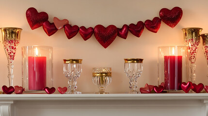 Wall Mural - Valentine Day mantel decor featuring red and gold accents, candles in crystal holders and a garland of hearts