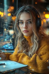 Poster - Using a computer and tablet, a woman communicates with an AI chatbot, representing smart intelligence developed by OpenAI